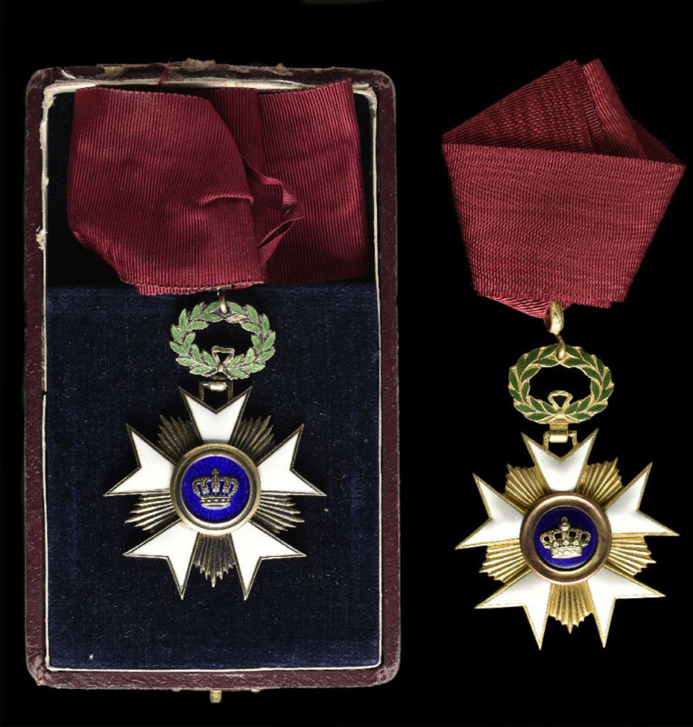 Belgium, Order of the Crown, Commander’s neck badges (2), in silver, gilt and en...