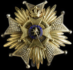 Belgium, Order of Leopold II, Grand Officer’s breast star, in silver, gilt and blue enamel, 83.5mm, central enamel chipped, very fine

Estimate: GBP...