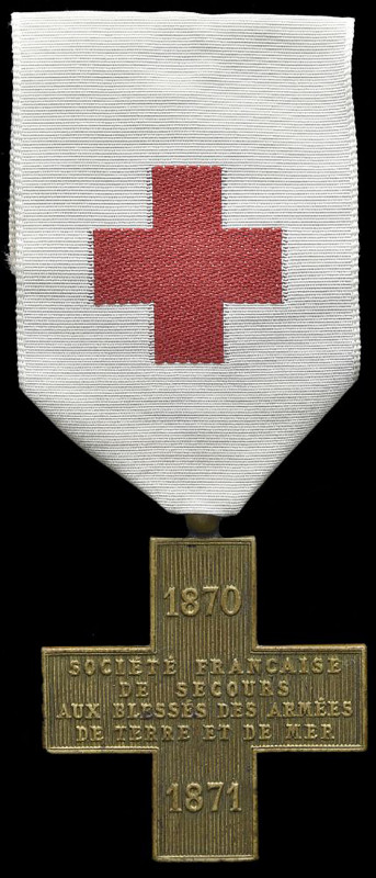 France, Geneva Cross 1870-71, in bronze, with original silk ribbon, reverse engr...