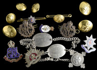 Miscellaneous Military Badges and Ephemera, comprising: Coldstream Guards Tie Pin, in silver with gold pin, bearing marks for 9 carat gold; a white me...