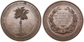 Netherlands East Indies, Batavian Society of Arts and Sciences, Centenary Medal, 1878, in copper, by Charles Wiener, Brussels; coconut palm with arms ...