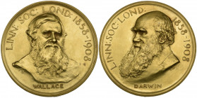 The Linnean Society of London, Darwin-Wallace Medal, in gold, by Frank Bowcher, commissioned by the Society to mark the 50th Anniversary of reading of...