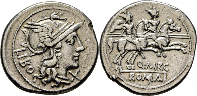 ROMA REPÚBLICA. Marcia. Denario. Palas galeada y X (10 ases) delante. Dioscuros ...