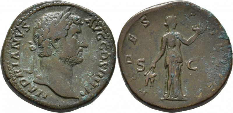 ROMA IMPERIO. Adriano. Sestercio. 134-138. FIDES PVBLICA. Fe estante con espigas...