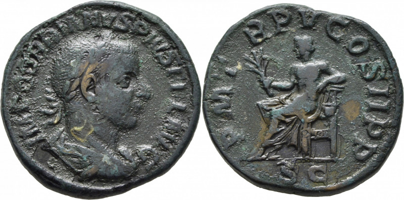 ROMA IMPERIO. Gordiano III. Sestercio. 241-243. PM TR P V COS II PP. Apolo seden...