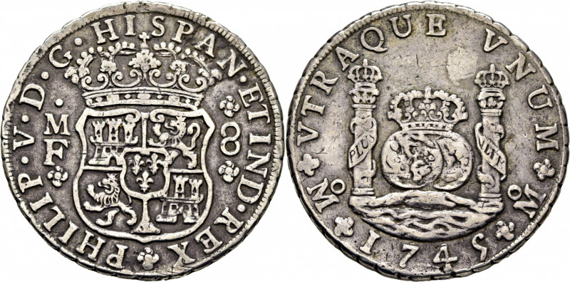 FELIPE V. Méjico. 8 reales. 1745. MF. Cy9458. 26´38 g. Marquitas y rayitas. Deco...