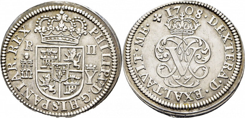 FELIPE V. Segovia. 2 reales. 1708. Y coronada. Leyenda de reverso termina en ·ME...