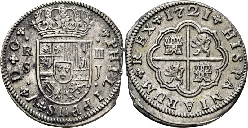 FELIPE V. Sevilla. 2 reales. 1721. J. La U de reverso rectificada. Cy8728. Fin d...