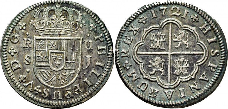 FELIPE V. Sevilla. 2 reales. 1721. J. Cy8728. Leve verdín superficial. Algunas r...