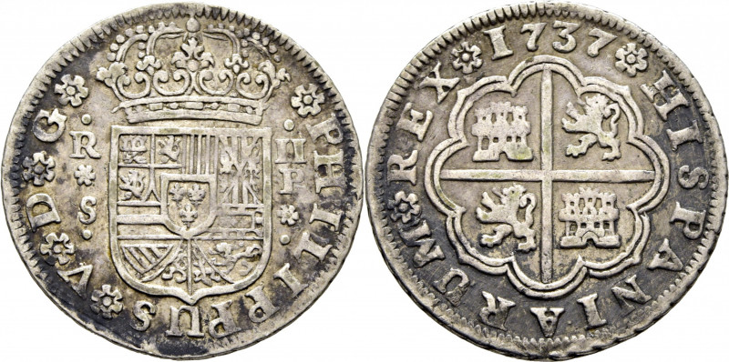 FELIPE V. Sevilla. 2 reales. 1737. P. Flor entre R y S debajo de P. Cy8867 (50€)...