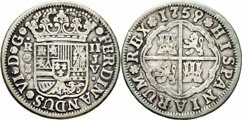 FERNANDO VI. Sevilla. 2 reales. 1759. JV. Cy10463 (30€). MBC- o algo más floja...