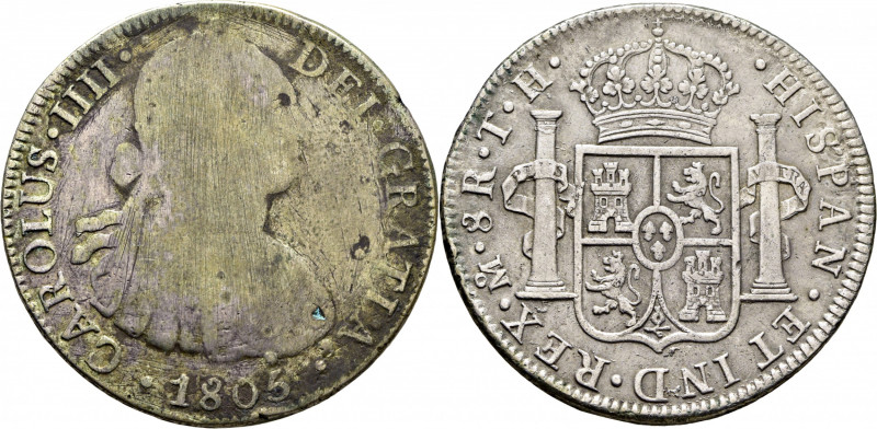 CARLOS IV. Méjico. 8 reales. 1805. TH. Cy13960. 25´98 g. Anverso oxidado y perdi...