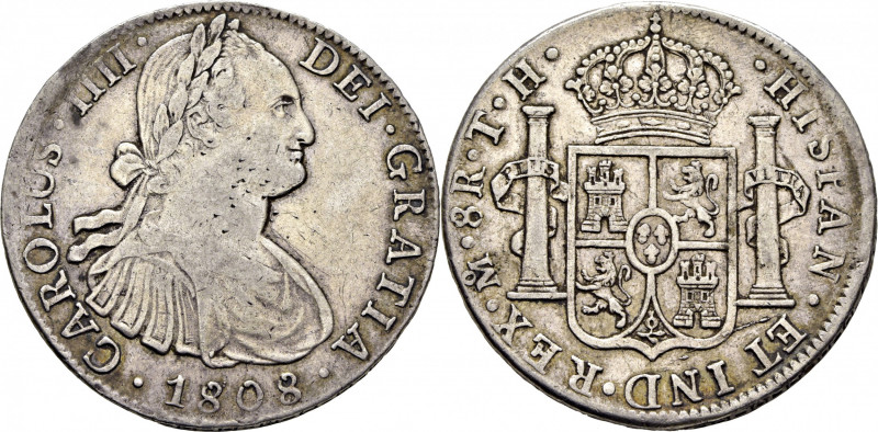 CARLOS IV. Méjico. 8 reales. 1808 sobre 7. TH. Cy13982. Cocas de metal en el cue...