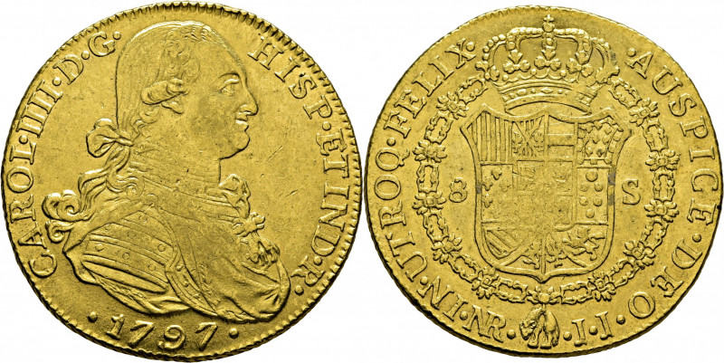 CARLOS IV. Nuevo Reino. 8 escudos. 1797. JJ. La S de HISP sobre ¿T?. Cy1420. Mar...