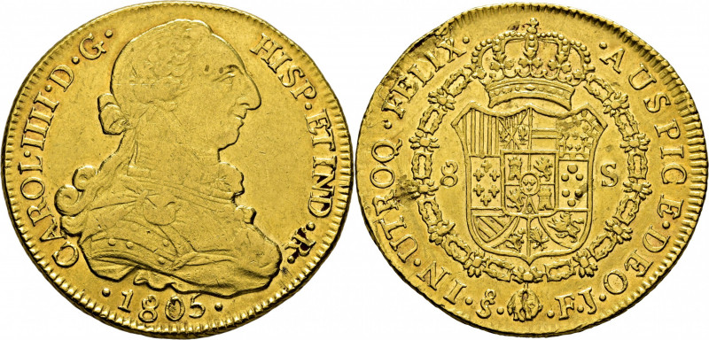 CARLOS IV. Santiago de Chila. 8 escudos. 1805 parece rectificado sobre 4. FJ. Bu...