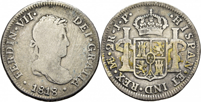 FERNANDO VII. Lima. 2 reales. 1818. JP. Cy15536. Limpiada. Rayitas abundantes en...