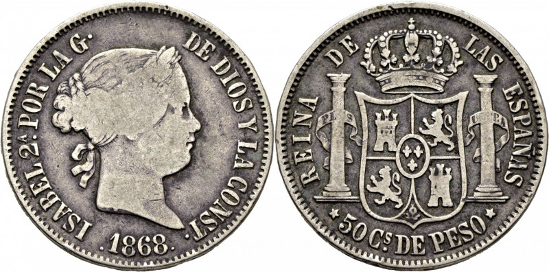 ISABEL II. Manila. 50 centavos. 1868. Cy17153. BC+/MBC-. Tono