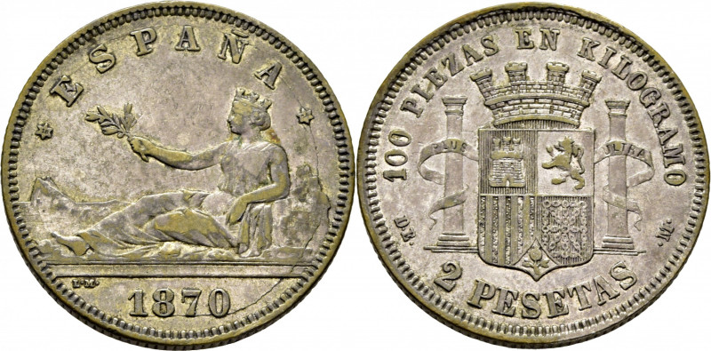 I REPÚBLICA. Madrid. 2 pesetas. 1870*18-74. DEM. Cy17432. MBC, mínimos restos de...