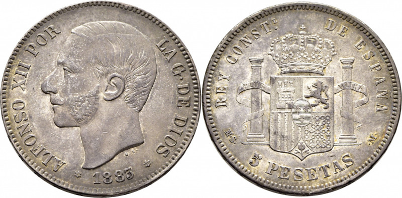 ALFONSO XII. Madrid. 5 pesetas. 1883*18-83. MSM. Cy17513 (-150€). Exceso de meta...