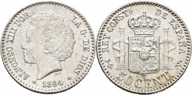 ALFONSO XIII. Madrid. 50 céntimos. 1894*9-4. PGV. EBC/EBC-. Buen anverso