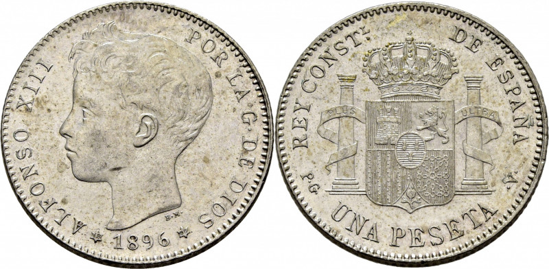 ALFONSO XIII. Madrid. 1 peseta. 1896*18-96. PGV. Cy17612. Erosión en campo del r...