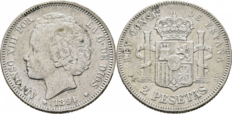 ALFONSO XIII. Madrid. 2 pesetas. 1894*18-x. PGV. Cy17631. Marquitas, sobre todo ...