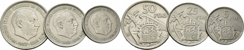 ESTADO ESPAÑOL. Exposición de Barcelona 1958. BA. 5, 25, 50 pesetas. 1957. Cy179...