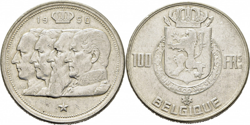 BÉLGICA. Cuatro reyes. BELGIQUE. 100 francos. 1950. K138.1. Marquitas. MBC