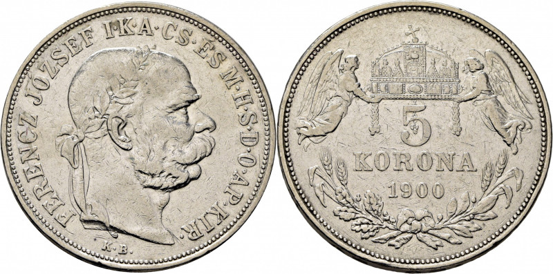 HUNGRÍA . Francisco José. 5 koronas. 1900-KB. K488 (20$). Abundantes marquitas y...