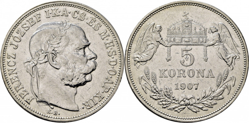 HUNGRÍA. Francisco José. 5 koronas. 1907-KB. K488 (30$). Marquitas y rayitas. Pe...