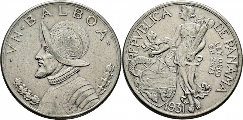 PANAMÁ. Nuñez de Balboa y escudo. 1 balboa. 1931. K13 (xf45$). Marquitas. MBC+/E...