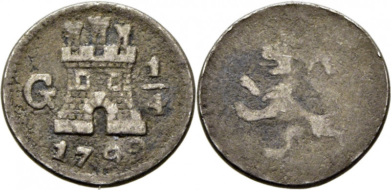 CARLOS IV. Guatemala. 1/4 de real. 1799. Cy13151. E.M. Ortiz356. 0,77 g. Restos ...