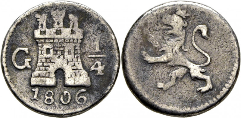 CARLOS IV. Guatemala. 1/4 de real. 1806. Cy13194. E.M. Ortiz363. 0,78 g. Rayitas...