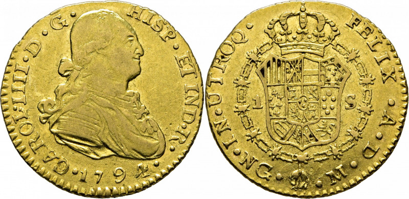 CARLOS IV. Guatemala. 1 escudo. 1794. M. Con busto propio y ordinal IIII. Cy1403...