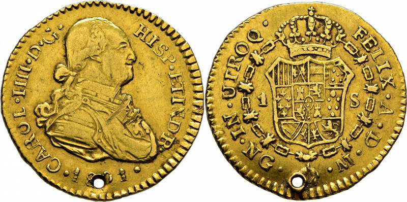 CARLOS IV. Guatemala. 1 escudo. 1801. M. Cy14087. Agujero. Tipos poco recrecidos...