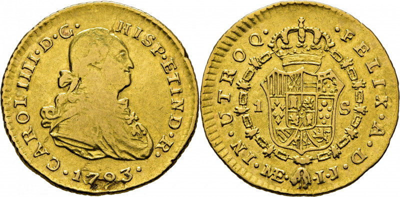 CARLOS IV. Lima. 1 escudo. 1793. IJ. Cy14029. Debió haber estado en aro (grafila...