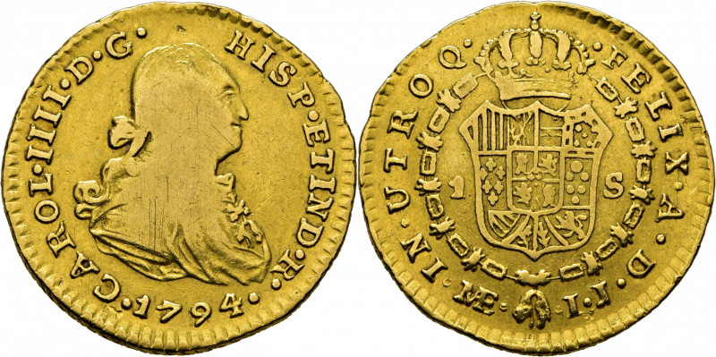 CARLOS IV. Lima. 1 escudo. 1794. IJ. Cy14037. Sirvió de joya. Canto parcialmente...