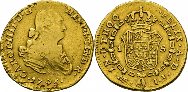 CARLOS IV. Lima. 1 escudo. 1796 sobre 5. IJ. Cy no cita. Estuvo en aro. Canto pa...