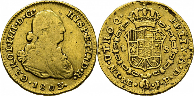 CARLOS IV. Lima. 1 escudo. 1803 ¿sobre 1?. JP. Cy14102, no cita sobrefecha. Usur...