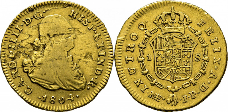 CARLOS IV. Lima. 1 escudo. 1804. JP. Cy14109. Acuñación descuidada, típica de la...