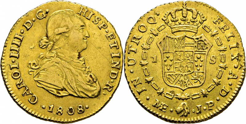 CARLOS IV. Lima. 1 escudo. 1808. JP. Cy14137. Rayitas en anverso. Hojitas en el ...