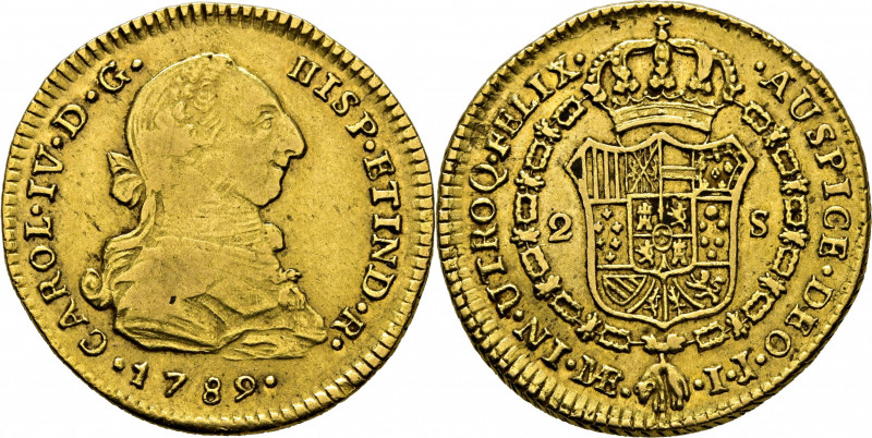 CARLOS IV. Lima. 2 escudos. 1789. IJ. Cy14145. Usuras y finas rayitas. Leve fall...