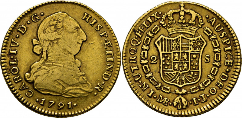 CARLOS IV. Lima. 2 escudos. 1791. IJ. Cy14162. Algunas finas rayitas. Hojita en ...