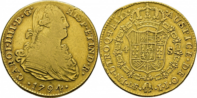 CARLOS IV. Lima. 4 escudos. 1794. IJ. Cy14348. Canto parcialmente perdido al hab...