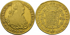 Lima. 4 escudos. 1794. IJ. Atractivo reverso. Muy rara