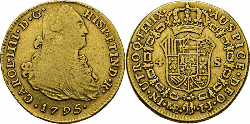 CARLOS IV. Lima. 4 escudos. 1795. IJ. Cy14354. Canto y grafilas parcialmente pér...