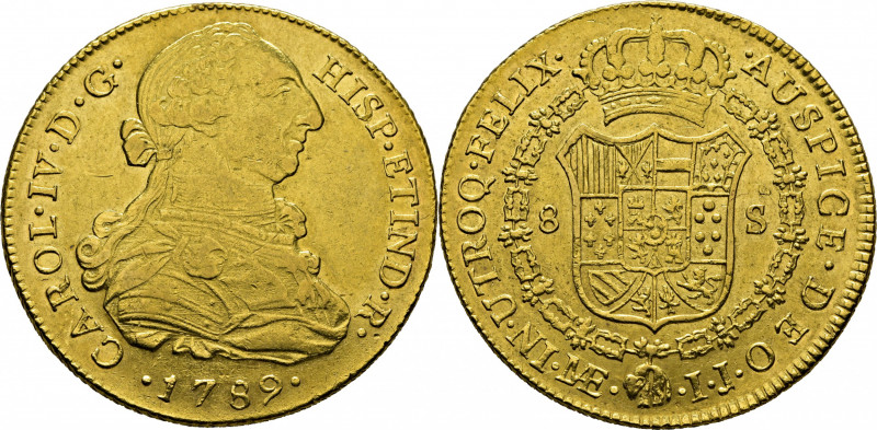 CARLOS IV. Lima. 8 escudos. 1789. IJ. Con busto de Carlos III y ordinal IV. Cy14...