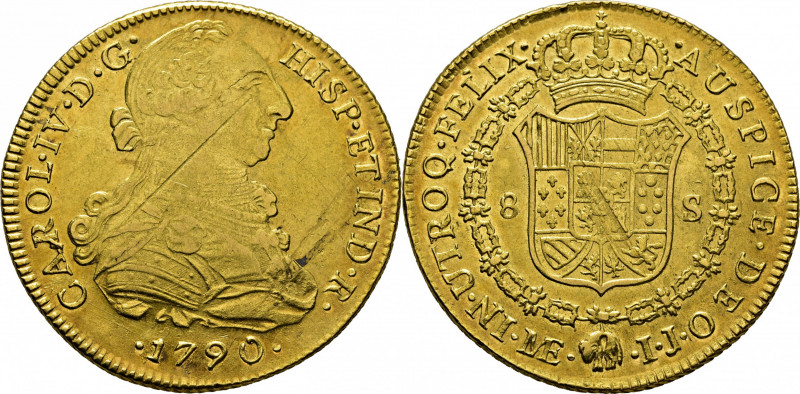 CARLOS IV. Lima. 8 escudos. 1790. IJ. Con busto de Carlos III y ordinal IV. Cy14...