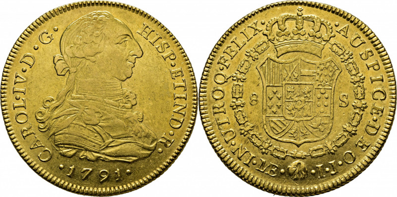 CARLOS IV. Lima. 8 escudos. 1791. IJ. Con busto de Carlos III y ordinal IV. Cy14...
