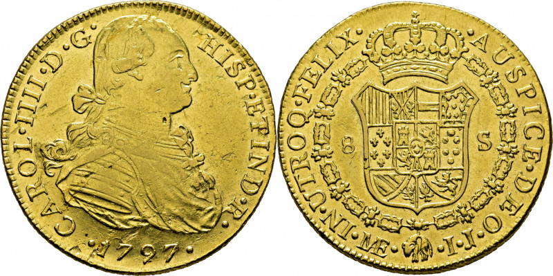 CARLOS IV. Lima. 8 escudos. 1797. IJ. Cy14516. Usuras y finas rayitas. Cocas de ...